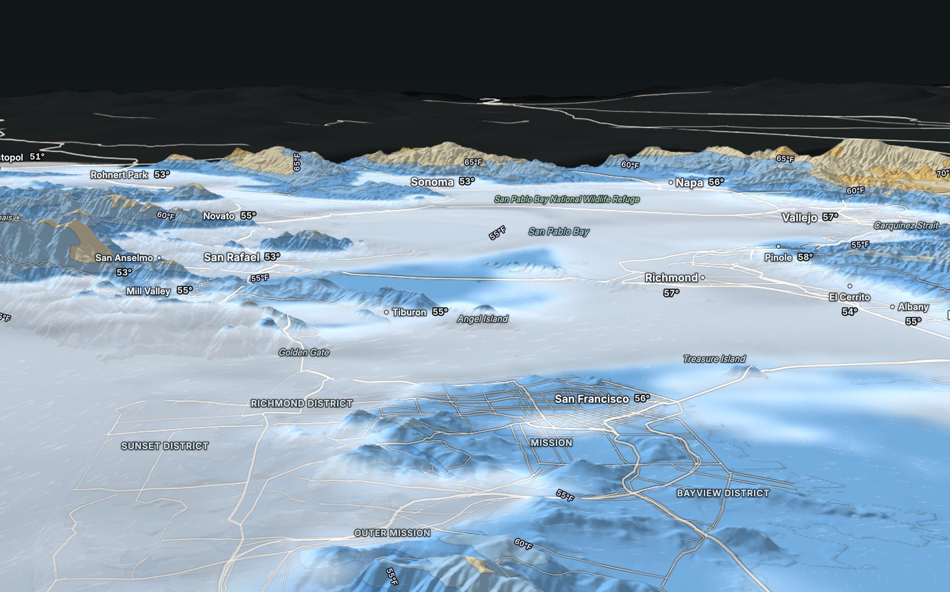 A weather model visualization over the San Francisco Bay Area